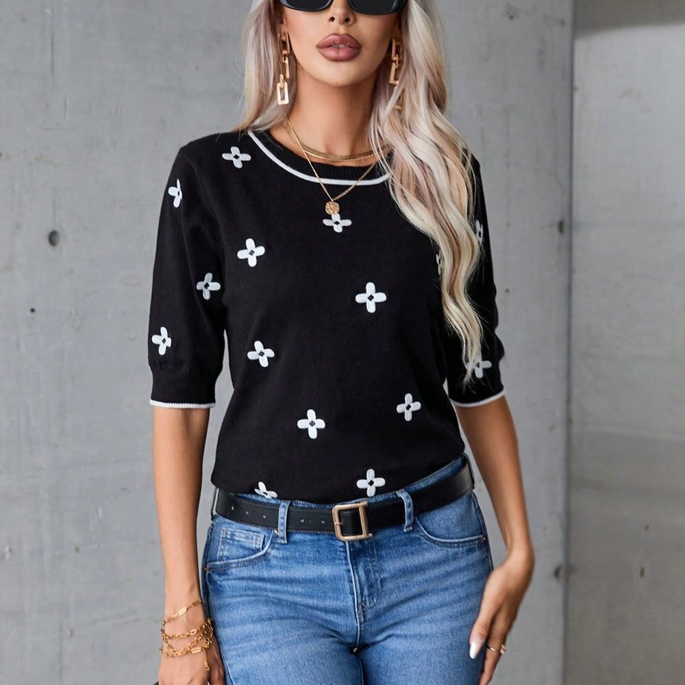 Black Casual womens Floral Pattern Knit Top - Picture 4 of 5